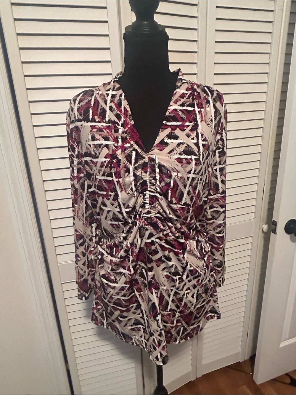 Alfani Burgundy and Cream Abstract V-Neck Tunic